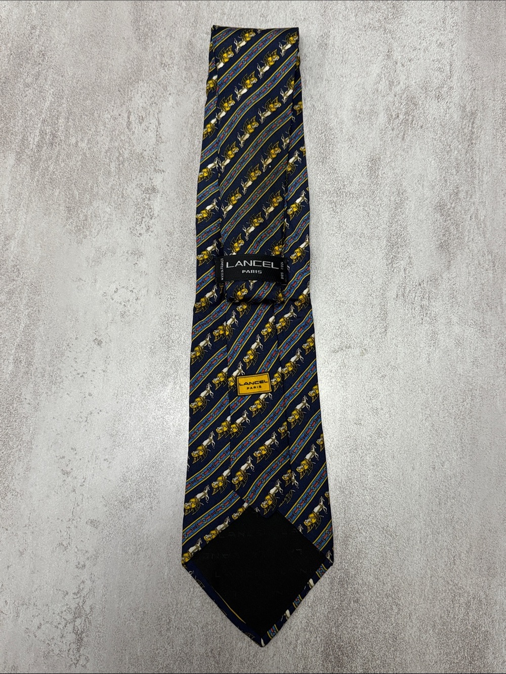 LANCEL Paris Navy & Gold Diagonal Pattern Silk Tie